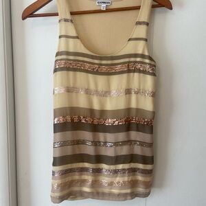 Express Women's Sequin Striped Tank Top - Beige and Gold